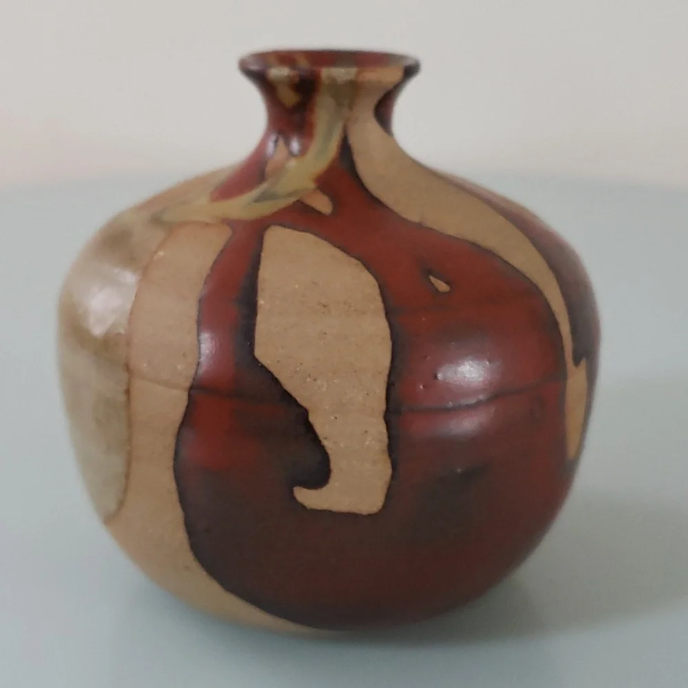 Vintage Vase MCM OMC Japan Pottery mini Glazed Stripes in Tan Brown Blue